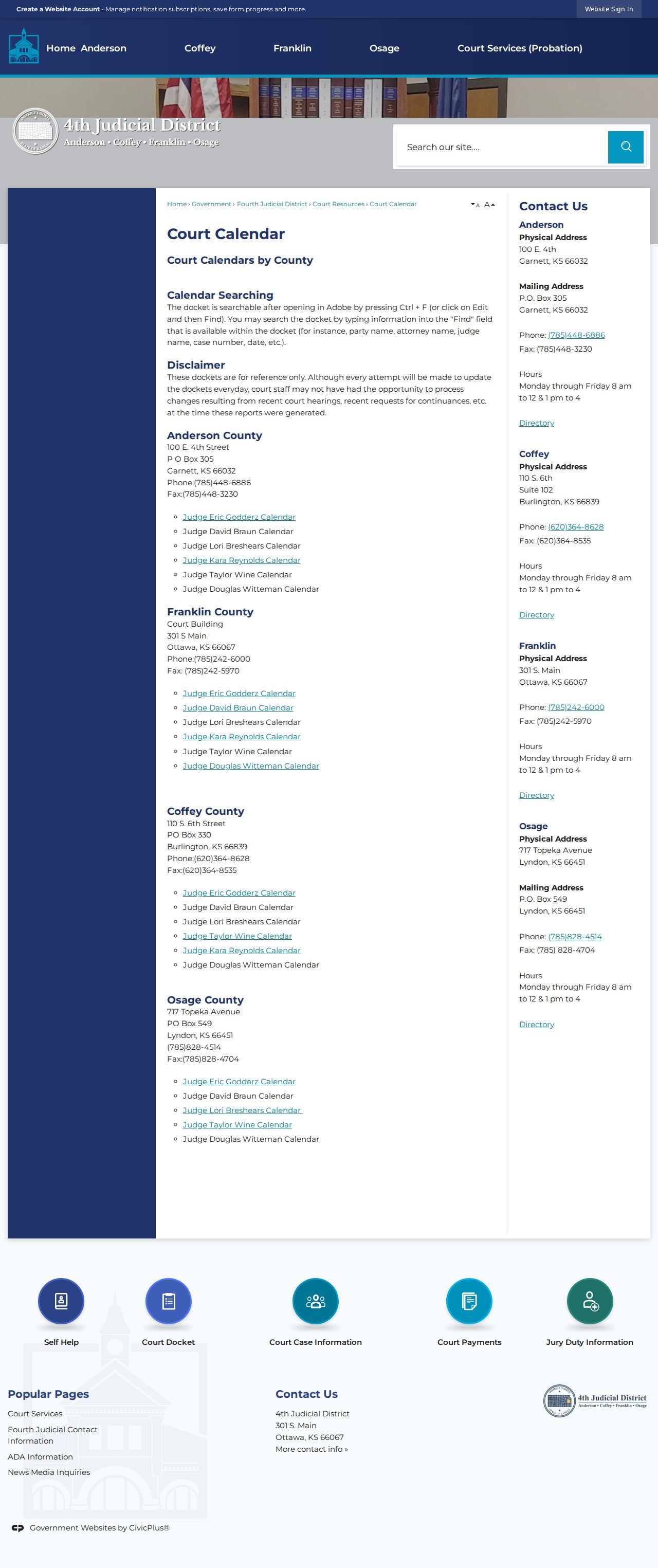 Coffey County court calendar index from the Fourth Judicial District