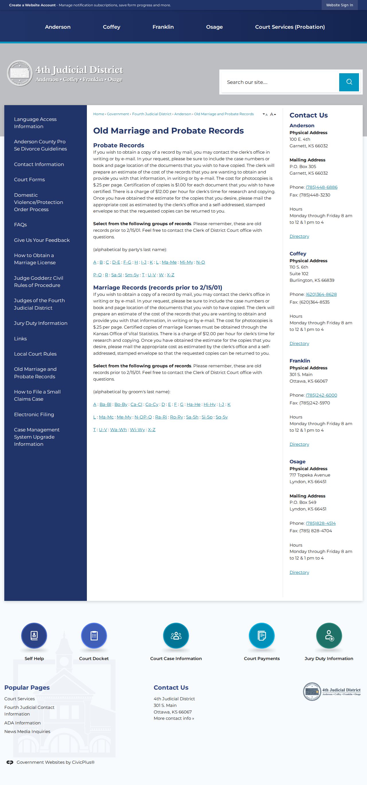 Coffey County court records page for old marriage and probate files
