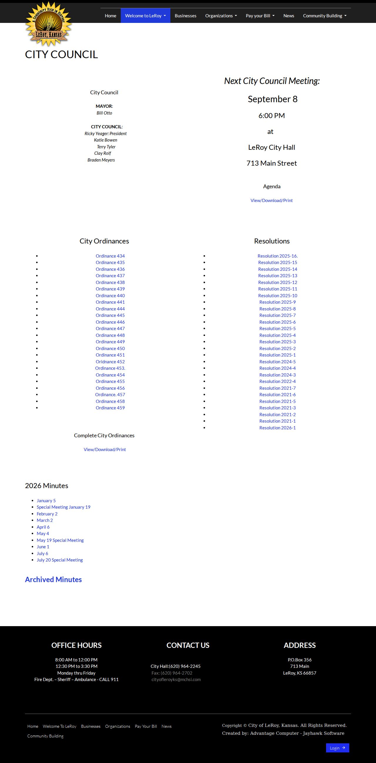 LeRoy court docket research source for city council and municipal ordinances