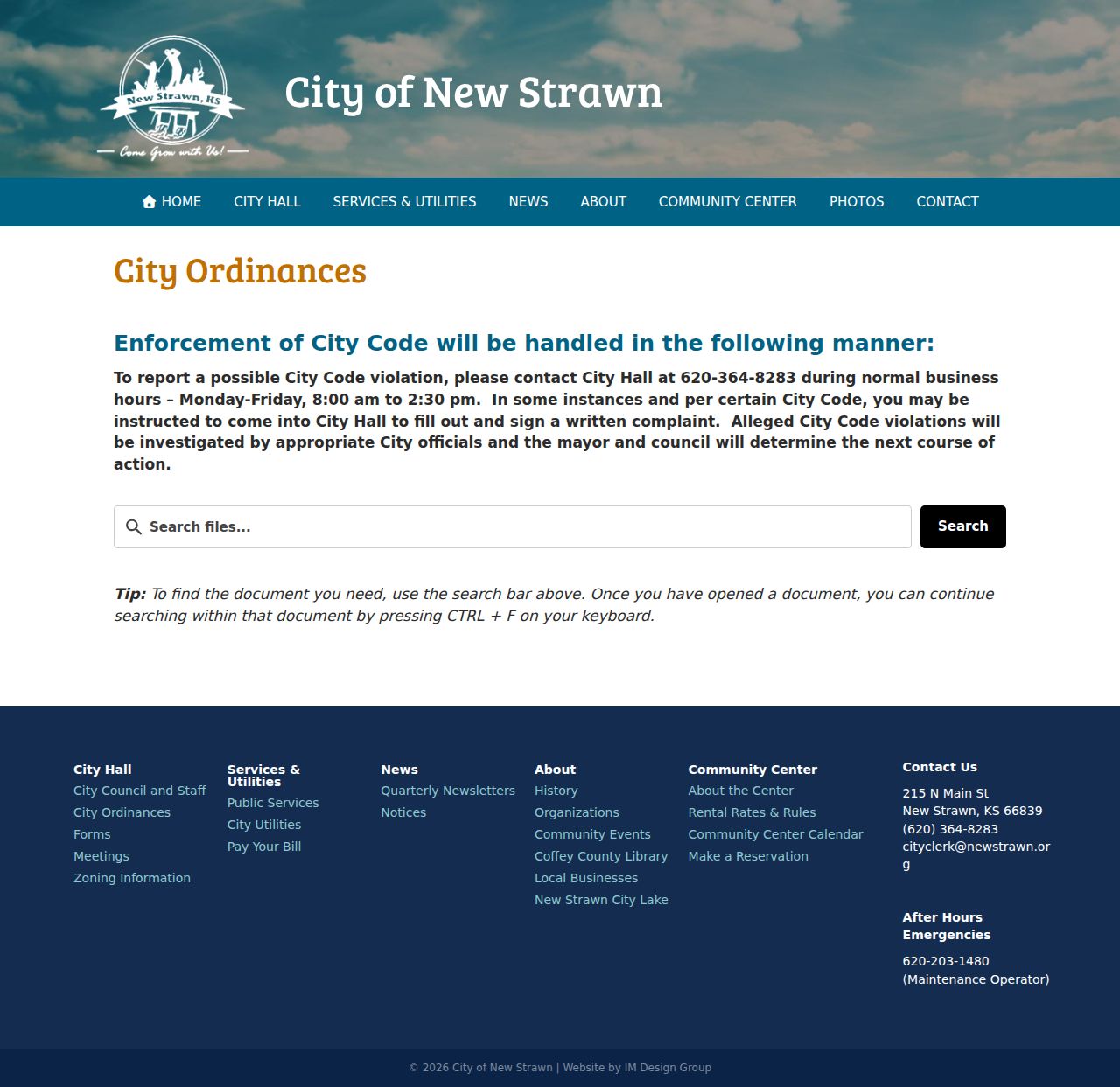 New Strawn city ordinances page with municipal code access