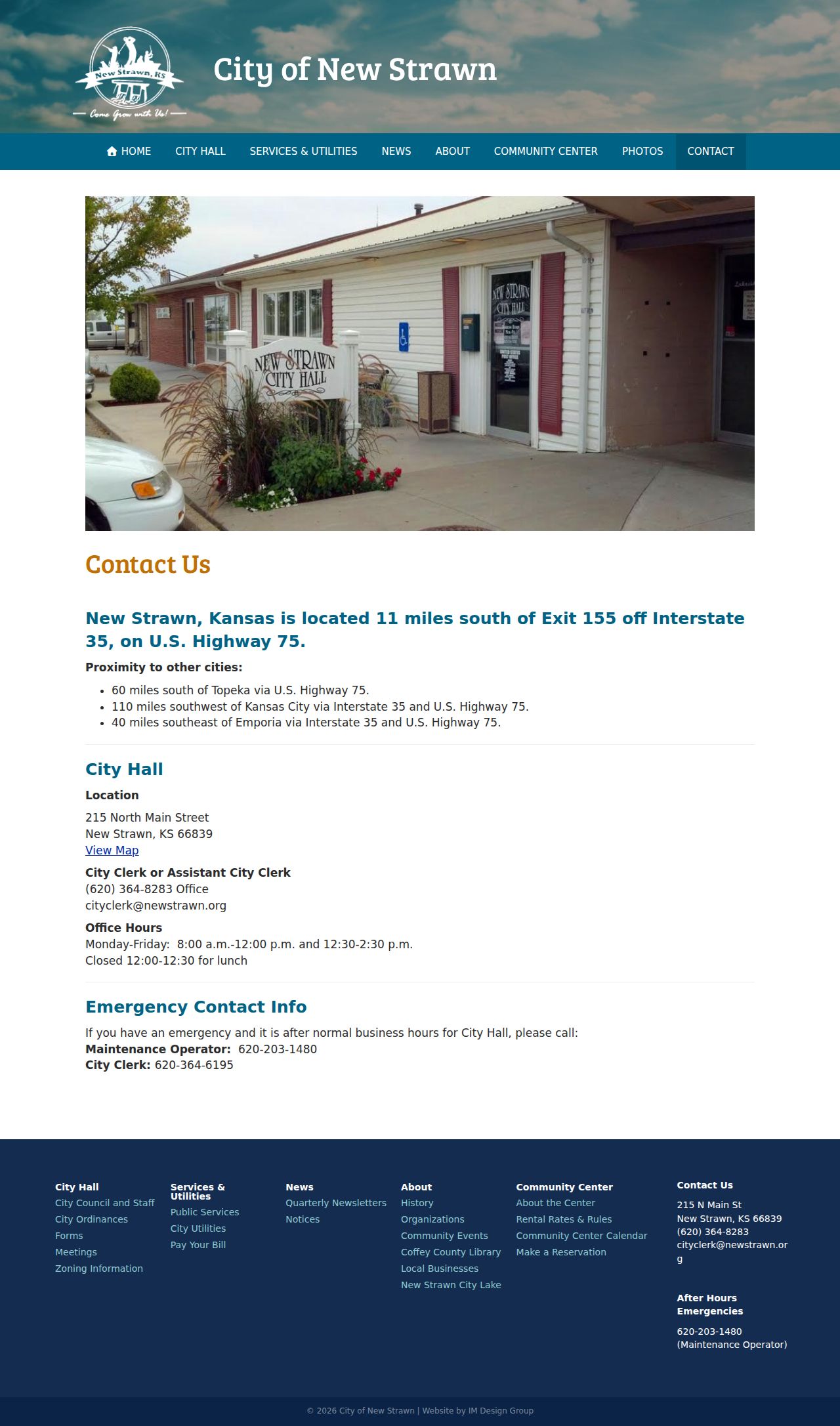 New Strawn contact page listing City Hall information